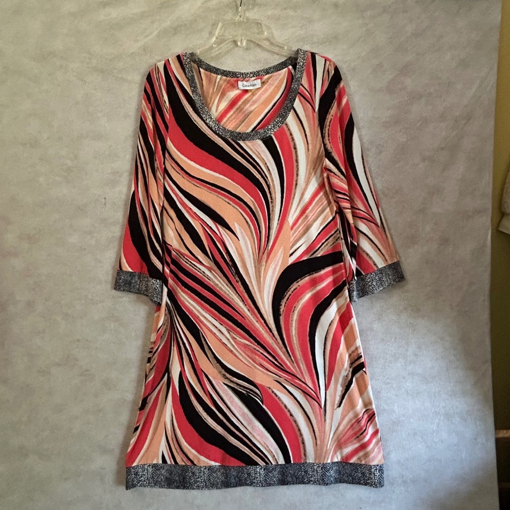 Calvin Klein Womens Abstract Swirl Print Shift Dress Coral Orange Black Size M